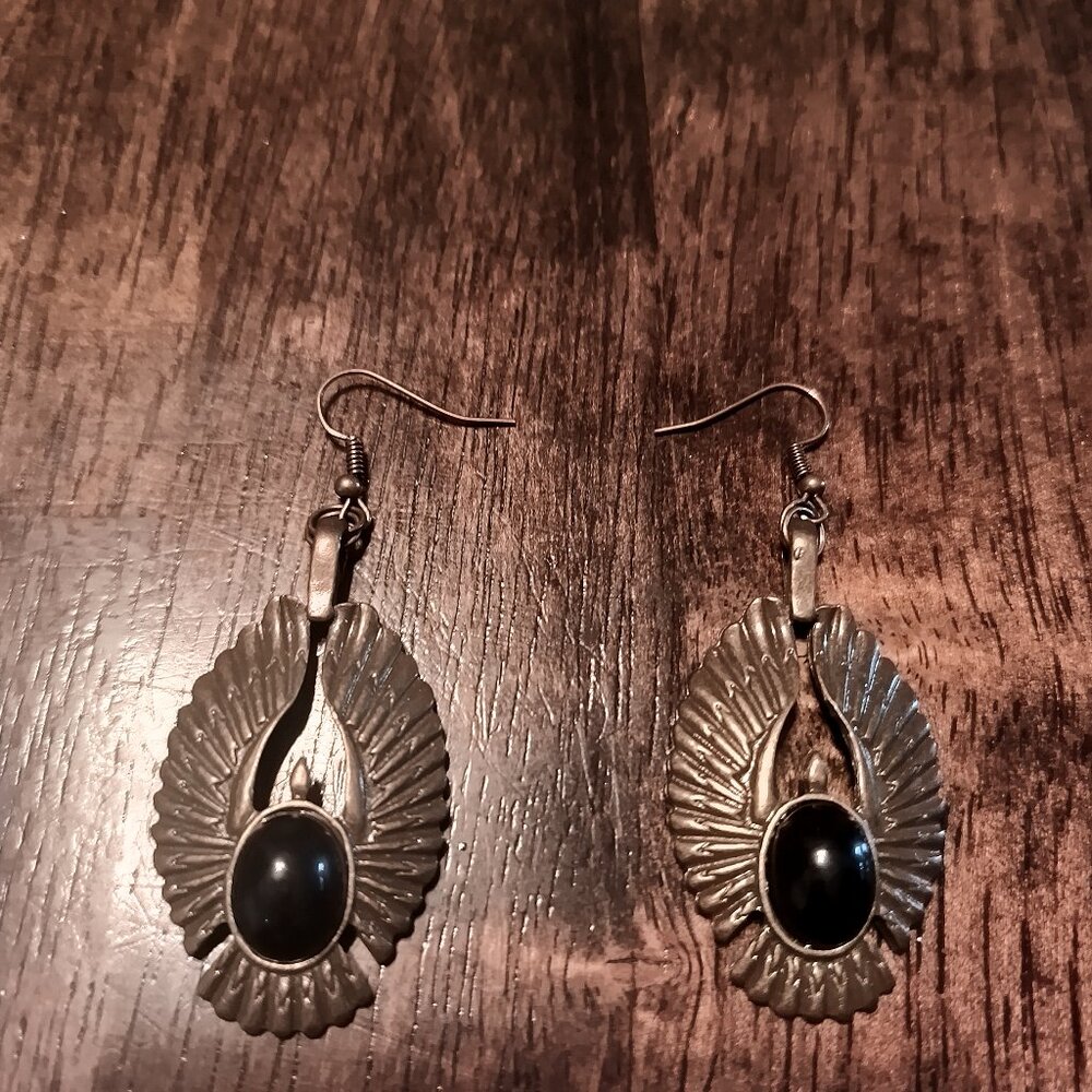 ANGEL WINGS WITH BLACK STONE EARRINGS